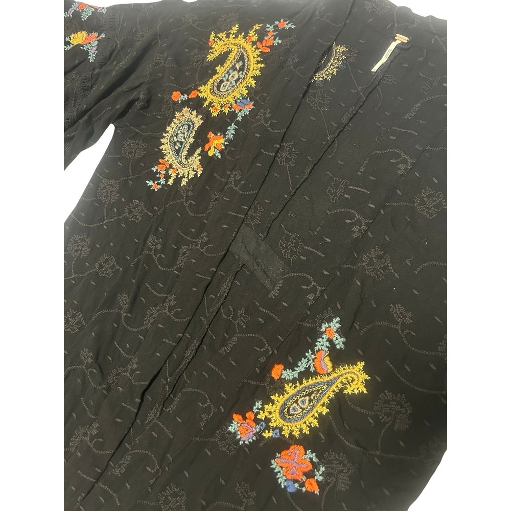 Free People Embroidered Paisley Kimono Cardigan Ruffle Bell Sleeve Black XS/S - Picture 6 of 9